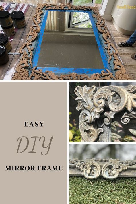 Woodubend Mouldings On Furniture, Wood And Mirror Wall Decor, Antique Mirror Frame Diy, Diy French Mirror Frame, Redoing Mirror Frame Ideas, Mirror Remake Diy, Boho Diy Mirror Frame, Build Frame For Mirror, Mirror Molding Frame