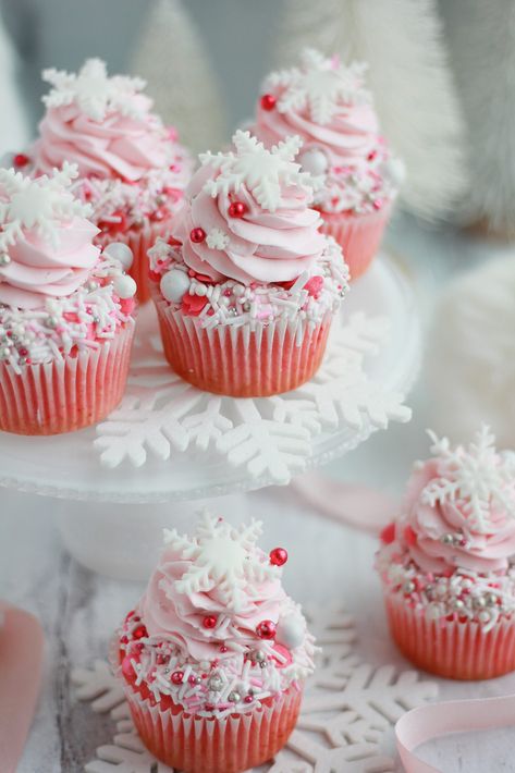 Whimsical Pink Winter Wonderland Cupcakes - Baking with Blondie Baby It’s Cold Outside Shower Cupcakes, It’s Cold Outside Baby Shower Cake, Pink Snowflake Baby Shower Ideas, Winter Wonderland Cupcakes, Easy Christmas Dessert Recipes, Snowflake Cupcakes, Wonderland Cupcakes, Baking With Blondie, Pink Winter Wonderland