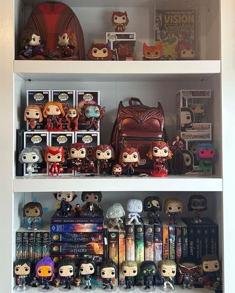 Wanda Maximoff Bedroom, Funko Pop Display Ideas Shelves, Funko Pops Aesthetic, Funko Shelves, Marvel Shelf, Marvel Bedroom Decor, Marvel Themed Room, Funko Pop Shelf, Collectors Room Ideas