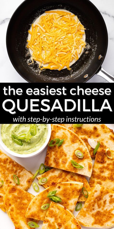 This cheese quesadilla is so simple but so delicious! In less than 10 minutes you can have a cheesy, crispy, warm quesadilla at the ready for a quick lunch or a family-favorite dinner. And the best part? You can add other ingredients to make this a clean-out-the-fridge meal any night of the week! Easy Quesadillas Recipe, Vegan Cheese Quesadilla, Cheesy Quesadilla Recipes, Cheese Quesadilla Appetizers, Cheese And Tortilla Recipes, Quesadilla Recipes Easy Vegetarian, Quesadilla Party Ideas, How To Make Cheese Quesadillas Easy, Simple Cheese Quesadilla