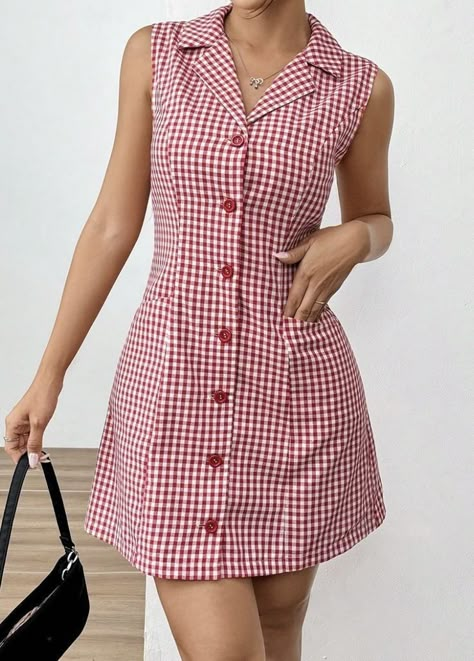 Plaid, Mini Dress, Collar, Red, White