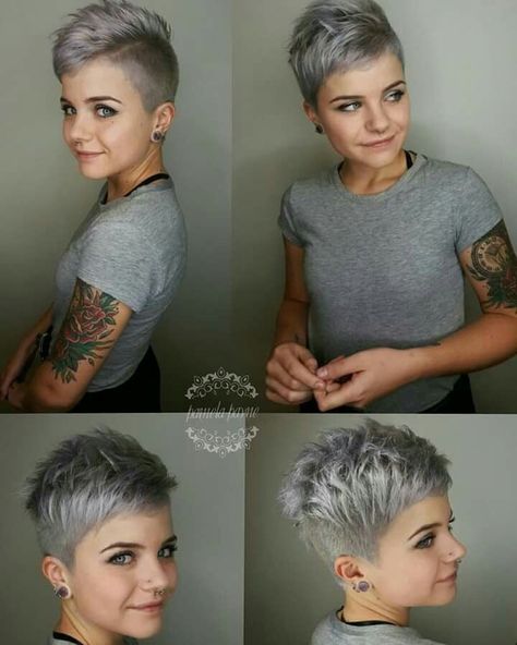 Cheveux Courts Funky, Shaved Pixie, Popular Short Hairstyles, Short Grey Hair, Super Short Hair, Fishtail Braid, Pixie Styles, Trendy Tree, Shaved Sides