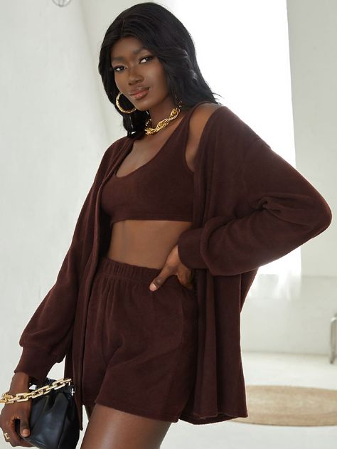 Chocolate Brown Casual  Long Sleeve Polyester Plain   High Stretch Spring/Fall Women Co-ords Brown Outfit Aesthetic, Brown Two Piece, Two Piece Outfits Shorts, Brown Outfits, Short Coats Women, Summer Brown, Short Blouses, Brown Fits, Solid Tank Tops