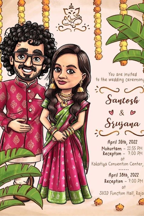 Cartoon Wedding Invitations, Wedding Illustration Card, Caricature Wedding Invitations, Wedding Invitation Posters, Couple Illustration Wedding, Hindu Wedding Invitation Cards, Wedding Card Design Indian, Marriage Invitation Card, Indian Wedding Invitation Card Design