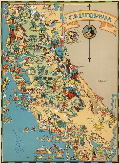 Vintage California Map from 1935 old California map Print Map California, California Pictures, Cartoon Map, Vintage Maps Art, State Of California, Pictorial Maps, Wooden Map, California Map, Map Decor