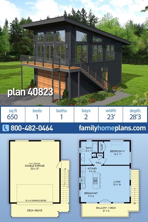 Contemporary, Modern House Plan 40823 with 1 Beds, 1 Baths, 2 Car Garage Small House Above Garage, Guest House Above Garage, Garage Design With Apartment, Mid Century Garage Addition, Guest House Above Garage Floor Plans, Carriage House Garage Apartment, 2 Bed 2 Bath 1 Car Garage Floor Plan, Guest House Layout 2 Bedroom, First Floor Garage House