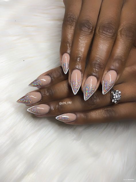 Oval Rhinestone Nails, Short Vegas Nails, Las Vegas Inspired Nails, Silver French Tip Nails Almond, Glitter French Manicure Almond, Nude With Glitter Nails, French Manicure Designs Almond Shape, French Manicure Stiletto Nails, Las Vegas Nails Ideas Glitter