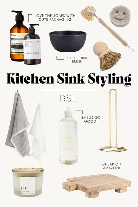 A kitchen sink doesn't have to hold just an ugly dish soap bottle...here's some of my favorite kitchen sink decor ideas and how I decorated my apartment kitchen sink! Kitchen Counter Sink Decor, Farmhouse Sink With Soap Dispenser, Sink Styling Kitchen, Sink Area Decor Kitchen, Soap And Lotion Kitchen Sink, Decor Behind Kitchen Sink, Decorate Island With Sink, Dish Soap Dispenser Kitchen Island, Style Kitchen Island With Sink