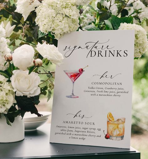 Signature His and Her Drinks Menu Sign, Printable Wedding Signature Cocktail Sign, Minimalist Wedding, Cocktail Bar Cart Sign, Ellesmere His And Her Drinks, Wedding Drink Menu Sign, Wedding Cocktail Bar, Wedding Drink Sign, Cocktail Images, Wedding Drink Menu, Photo Signature, Signature Cocktails Wedding, Signature Cocktail Sign