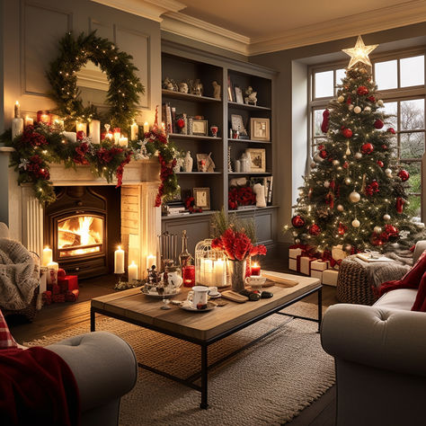 Red And Gold Christmas Living Room, Burgundy Christmas Living Room, Deep Red And Green Christmas Decor, Christmas Decor Ideas For Living Room Red, Christmas Lounge Decor, Red And Gold Christmas Decor Living Room, Cosy Christmas Living Room, Red Christmas Living Room, Warm Christmas Decor