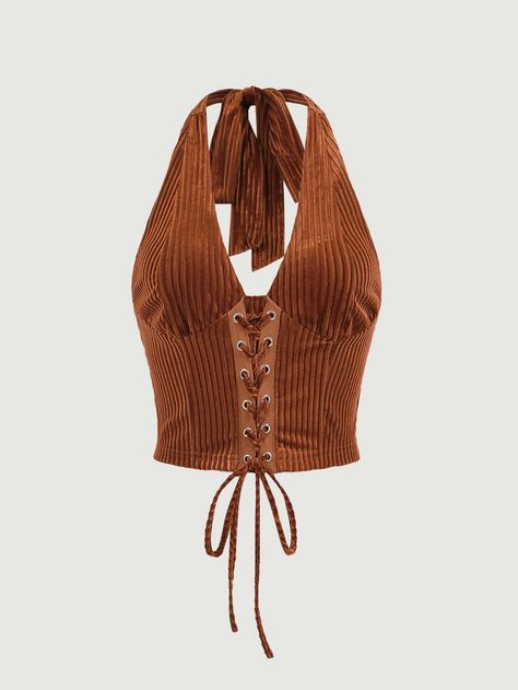 SHEIN MOD Lace Up Front Halter Top | SHEIN USA 70s Tops Women, 70s Halter Top, 70s Tops, Lace Front Top, Womens Halter Tops, Top Halter, Halter Tops, Kids Sleepwear, Elegant Outfit