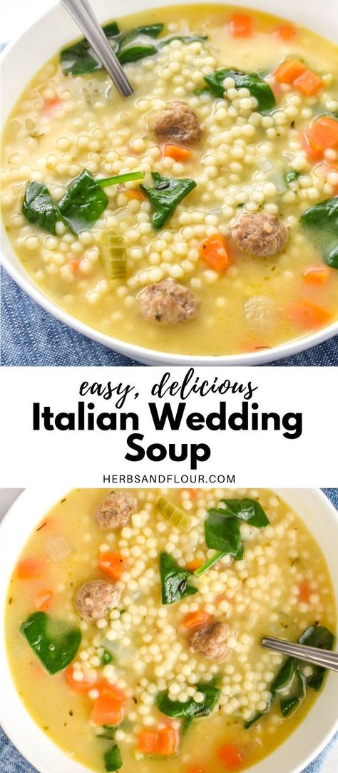 This cozy, comforting Italian Wedding Soup is wonderfully flavourful and so simple to make! Adorable little meatballs, mini pasta beads, fresh spinach and a flavourful broth come together to make this hearty soup that’s a marriage made in heaven. Italian Wedding Soup Creamy, Slow Cooker Italian Wedding Soup Recipe, Soup Recipes Italian Wedding, Crock Pot Wedding Soup, Italian Wedding Soup Freezer Meal, Italian Wedding Soup Olive Garden, Homemade Italian Wedding Soup, Italian Wedding Soup With Tortellini, Italian Wedding Crockpot Soup