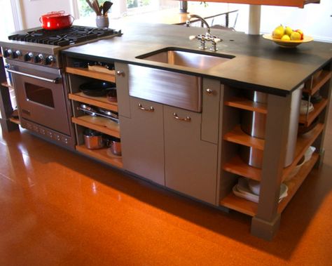 Kitchen Island, Oh, I so want this. I can interact with the family while cooking instead of a wall. And look at the storage! Kitchen Work Space, Island With Stove, Kitchen Island With Stove, Industrial Kitchen Island, Kitchen Island With Sink, Unique Kitchen Design, Shelves Ideas, Kitchen Island Design, Industrial Kitchen