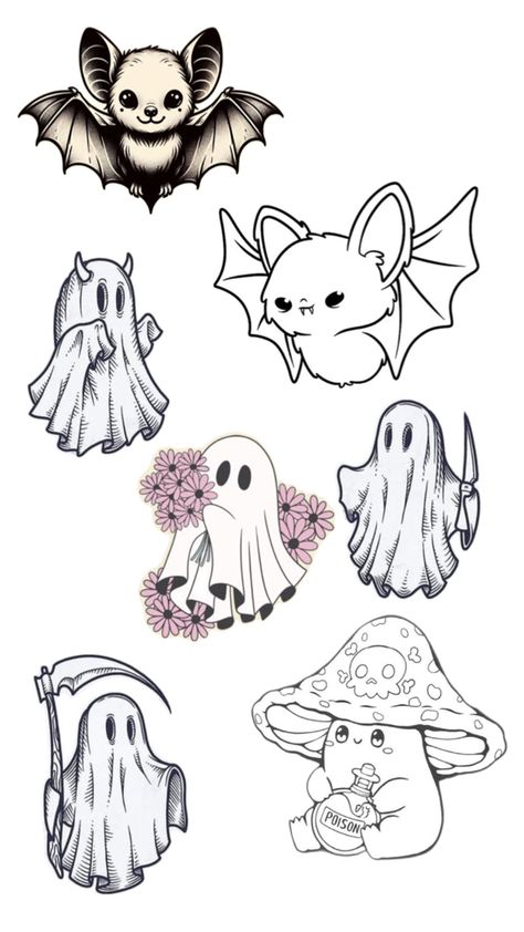 Cute spooky tattoo ideas Cute Halloween Ghost Tattoo, Cute Spooky Halloween Tattoo, Medium Halloween Tattoos, Bat Design Tattoo, Colorful Ghost Tattoo, Emo Leg Tattoos, Dark Cute Tattoos, Small Simple Halloween Tattoos, Tattoo Ideas Female Halloween