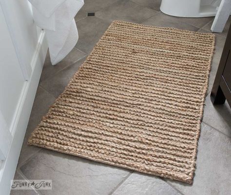 Sisal mat / Salvaged farmhouse bathroom makeover via http://www.funkyjunkinteriors.net/ Farmhouse Bathroom Rug, Bathroom Mat Ideas, Farmhouse Bathroom Rugs, Modern Bathroom Rug, Rustic Bathroom Wall Decor, Rustic Bathroom Shower, Farmhouse Bathroom Accessories, Rustic Bathroom Remodel, White Bathroom Rug