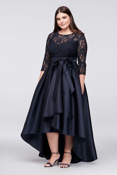 Mikado Plus Size Lace Bodice Plus-Size High-Low Ball Mother of Bride/Groom Gown High Low Ball Gown, High Low Dress Formal, Wedding Guest Gowns, Bow Sash, Ball Skirt, Afrikaanse Mode, Formal Dresses With Sleeves, فستان سهرة, Plus Size Wedding