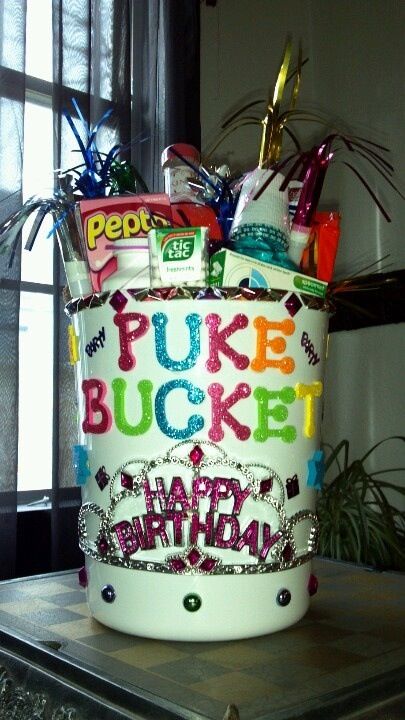 Great 21st bday gift.  Fill a bathroom trash can with all the essentials for a hangover such as pepto, tylenol, clips to hold hair back, gum, mouthwash, washcloths and decorate the front with the words Puke Bucket :)...and obviously alcohol Puke Bucket, 21st Bday Ideas, Bathroom Trash Can, Bday Gift, Birthday Party 21, Cadeau Diy, Hair Back, 21st Birthday Gifts, Mouthwash