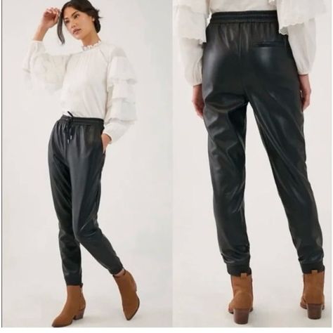 Nwt Avec Les Filles Anthropologie Black Vegan Faux Leather Jogger Pants Size Xs **Tiny Tear That Could Be Fixed. Its Top Layer Only, Doesn’t Go Thru. It Could Be Glued Down And Wouldn’t Be Noticed. See Last Pic For Close Up. Approx 27.5” Inseam Loungewear With An Edge. Crafted In Smooth Vegan Leather With Subtle Stretch, This Streetwear Staple Takes A Jog On The Wild Side. Size: Xs Color: Black Stretch Faux Leather Exterior Machine Washable High Rise Elastic Waist And Cuffs Pull-On With Drawstri Faux Leather Joggers, Leather Jogger Pants, Brown Joggers, Pleather Pants, Leather Joggers, Purple Pants, Belted Shorts, Denim Romper, Black Vegan