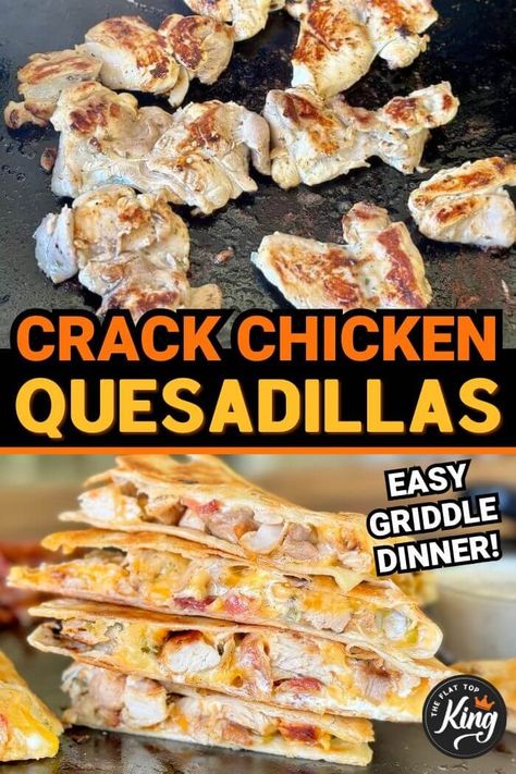 Whether you call them crack chicken quesadillas or chicken bacon ranch quesadillas, I just call them fantastic!  The secret is in the delicious chicken marinade and perfectly cooking the chicken on the griddle.  Definitely add this to your list of Blackstone griddle recipes to try!  Or you can make them in a skillet on the stovetop too! Black Stone Quesadillas, Chicken On The Blackstone Griddle, Chicken On Blackstone Griddle, Chicken Blackstone Recipes, Homemade Jalapeno Ranch Dressing, Chicken Bacon Ranch Quesadilla, Blackstone Chicken Recipes, Delicious Chicken Marinade, Chicken Quesadillas Easy