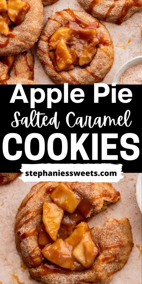 These apple pie cookies are a cinnamon thumbprint cookie full of apple pie filling! These cookies are perfect if you want apple pie, but in a cookie form! The cookies are cinnamon cookies that are coated in cinnamon that are filled with apple pie filling with a drizzle of salted caramel. Apple Pie Shortbread Cookies, Apple Pie Filled Cookies, Cinnamon Apple Cookies Recipe, Caramel Apple Pie Cookies Recipes, Apple Pie Cookies Recipe Easy, Crumbl Apple Cookie, Apple Pie Inspired Desserts, Salted Caramel Apple Pie Cookies, Candy Apple Cookies