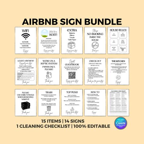 Airbnb Sign bundle Templates | Airbnb Sign Templates | Editable Canva Airbnb Signs | Welcome Signs | Airbnb Cleaning Checklist | VRBO | WIFI Looking to take your Airbnb experience to the next level? My professional 16 sign template bundle is just what you need! Welcome your guests with all the information they need with these Airbnb signs, customized to your individual vacation rental, available in 3 sizes. This Airbnb sign bundle includes 15 signs and one comprehensive cleaning checklist. This Airbnb Signs For Guests, Airbnb Inventory Checklist, Airbnb Rules For Guests, Breakfast Hosting, Airbnb Printables, Decorate Airbnb, Airbnb Cleaning Checklist, Airbnb Checklist, Bnb Ideas