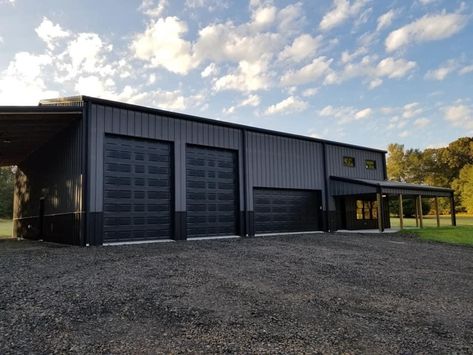 Dark Grey Shop Exterior, Mechanic Shop Exterior, Metal Shop Building With Outdoor Kitchen, Metal Shop Design Ideas, Burnished Slate Metal Building With Black Trim, Commercial Garage Design, Black Pole Building, Shop House Exterior Design, Dream Shop Garage