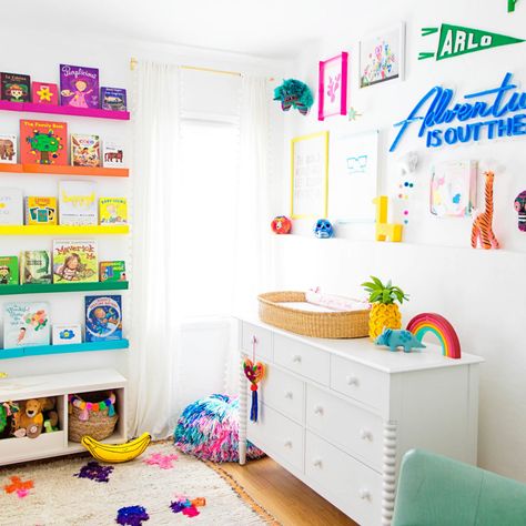 Project Nursery - Blog In the Nursery with Studio DIY Rainbow Organization, Bed Makeover, Rainbow Bedroom, Colorful Kids Room, Rainbow Room, Playroom Design, Ideas Hogar, Rainbow Nursery, Toddler Bedrooms