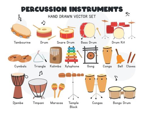 Percussion instruments vector set. Simple cute tambourine, drums, cymbals, conga, bongo, maracas, triangle, gong, kalimba percussion family musical instrument clipart cartoon style, hand drawn doodle Percussion Instruments Drawing, Bass Drum Drawing, Instrument Clipart, Musical Instruments Clipart, Percussion Music, Instrument Families, Bongo Drums, Drum Instrument, Percussion Instrument