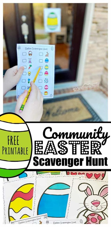 FREE Printable Community Easter Scavenger Hunt - Practice social distancing and still have FUN this April. Neighbors print clues (in color or black & white) and families can enjoy fresh air, exercise, and participate in a fun Easter Activity in their community! Fun easter game for toddler, preschool, pre k, kindegarten, and elementary age kids. Easter Scavenger Hunt Ideas, Easter Egg Hunt Activities, Easter Scavenger Hunt Clues, Easter Egg Scavenger Hunt, Easter Egg Activities, Fun Easter Games, Easter Craft Activities, Easter Games For Kids, Easter Scavenger Hunt