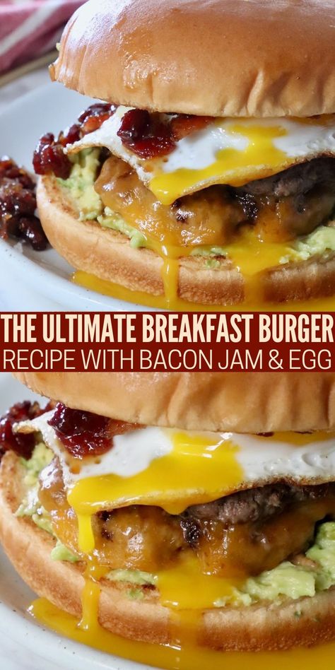 Dig into the most amazing burgers for breakfast with this Breakfast Burger recipe! This incredibly delicious burger starts with ground beef and breakfast sausage patties, topped with cheese, fried eggs, bacon jam, and avocado, for an explosion of flavor! Breakfast Burgers Ideas, Pork Sausage Burgers, Breakfast Hamburger Recipes, Breakfast Burger Ideas, Brunch Burger Recipe, Brunch Burgers, Pork Sausage Patties, Breakfast Burger Recipe, Breakfast Hamburger