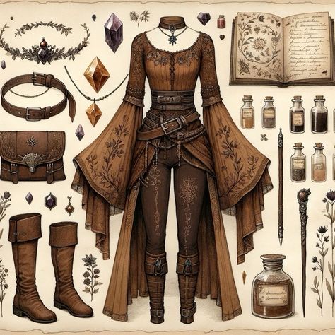 Witch Outfit Fantasy Art, Druid Aesthetic Clothing Dnd, Cute Fantasy Outfits Drawing, Fantasy Dnd Outfits, Wizard Aesthetic Outfit, Fantasy Outfit Reference, Fantasy Clothing Aesthetic, Fantasy Fashion Aesthetic, Fantasy Wizard Outfit