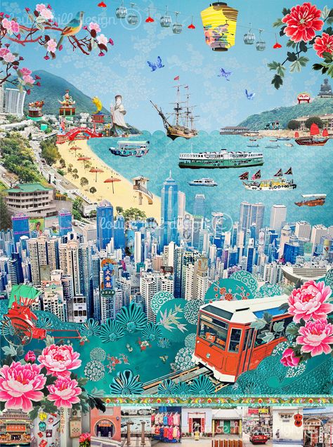 Vintage Design Poster, Hong Kong Poster, Hong Kong Print, Montage Art, Hong Kong Art, Singapore Art, Vintage Design, Travel Posters, Collage Art