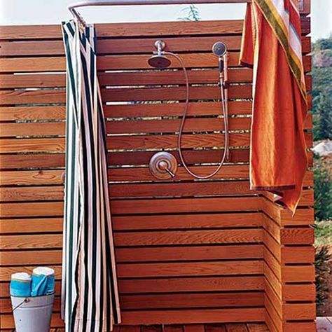 15 Outdoor Shower Designs, Modern Backyard Ideas Bath Showers, Beach House Bathrooms, Outdoor Shower Fixtures, Curved Curtain Rods, Modern Shower Design, Modern Backyard Design, Outside Showers, Outdoor Shower Enclosure, Blue Siding