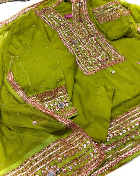 Pakistani Hand made Gota Work Formal Dress.Well Finished hand-embellishment Traditional Luxury Wear With Gota Work.  Dress Type : 3 Piece ( Shirt + Bottom + Dupatta )  Shirt Fabric : Chiffon with inner fabric Malai  Color : Parrot Green ( Dhani )   Design : Hand made Gota Work  Style : Straight Shirt /Kurti  Trouser: Plain Malai  Dupatta : Chiffon 4 sided Hand Gota Work  Collection's : Stitched Status : Stitched by IdeasByAli Ready to Wear. Wash Care :  Dry clean or Hand Wash with Cold Water.Iro Gota Work Dress, Shirt Kurti, Green Shirt Outfits, Hand Embellishment, Parrot Green, Work Formal, Gota Work, Dress Well, Luxury Wear