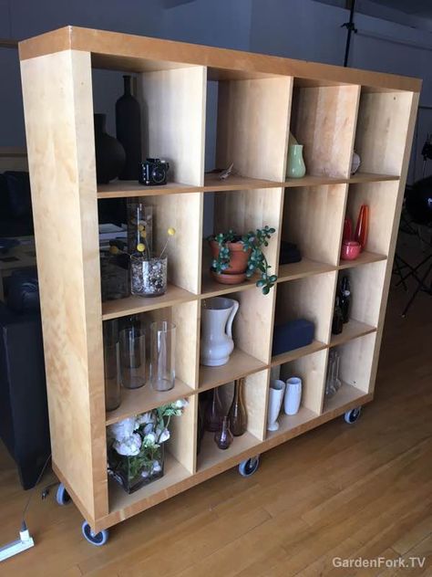 Rolling Bookcase Room Divider, How To Build A Moveable Wall, Moveable Walls Room Dividers Diy, Moveable Room Dividers, Moveable Room Divider Ideas, Diy Bookshelf Room Divider, Movable Room Dividers, Moveable Bookshelf, Diy Movable Wall