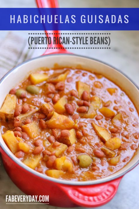 Habichuelas Guisadas, Puerto Rican-Style Beans Recipe | Fab Everyday Abichuela Guisada Puerto Rican, Spanish Beans And Potatoes, Puerto Rican Style Beans, Puerto Rican Ham Recipes, Puerto Rican Rice And Gondolas, Puerto Rican Pinto Beans Recipe, Puerto Rican Garbanzo Bean Recipes, Alcaparrado Recipe, Puerto Rican Beans And Potatoes