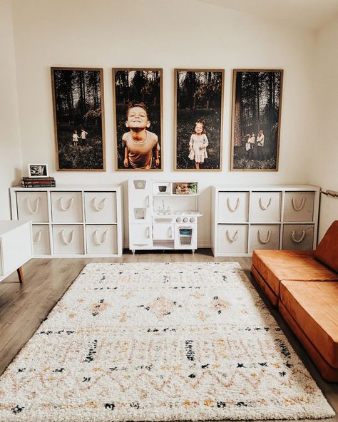 A clean playroom is what we're thankful for. 📸 @angel.mcclung Vintage Play Kitchen #playroom #kitchen Playroom Instead Of Dining Room, Sitting Area Playroom, Rec Room Playroom Ideas, Play And Living Room Spaces, Black And Wood Playroom, Playroom Ideas With Kitchen, Clean Playroom Ideas, Kids Basement Playroom Storage, Playroom Inspiration Modern