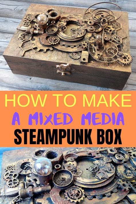 Alter a simple wooden box into a steampunk embellished box full of metal parts, texture and industrial vibe, Step by step tutorial to make this fun mixed media project  #steampunk #mixedmedia #project #technique #alteredart #tutorial Steampunk Diy Crafts, Steampunk Mixed Media Art, Mixed Media Boxes, Baby Born Kleidung, Altered Box, Steampunk Mixed Media, Steampunk Crafts, Arte Steampunk, Mixed Media Art Canvas