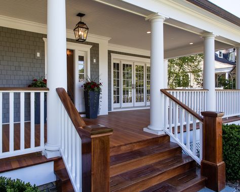 White Wood Front Porch, Home Exterior With Porch, Front Porch Flooring Ideas Wood, Best Porches, High Front Porch Ideas, Wide Porch Ideas, Front Porch Architecture, Porch Front Of House, Open Porch Ideas