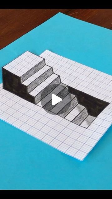 Graph Paper Illusion Drawing, Drawing Ideas Illusions, How To Draw 3d Drawings, Op Art Ideas, 3d Drawing Ideas, Graph Drawing, 3d Illusion Drawing, Optical Illusions Drawings, How To Draw Stairs