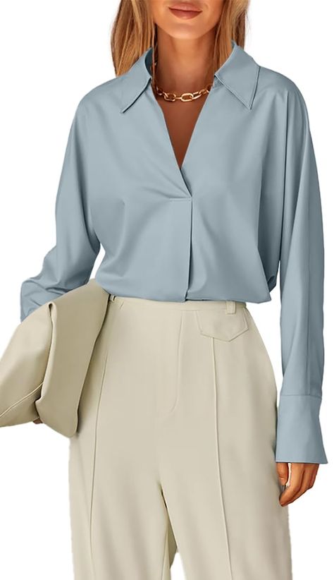 PRICES MAY VARY. 【SOFT MATERIAL】This work blouse is made of high quality fabric, very comfortable, lightweight, breathable and smooth to touch. Light colors may be a little see through. 【CLASSIC & STYLISH】The ladies business shirt features collared V Neck, lapel, cuffed long batwing sleeves, solid color, curved hem, pleated front, loose fit, the classic design will never go out of style. 【VERSATILE STYLE】You can pair this v neck blouse with wide leg pants, suit pants, blazer for an office chic l Business Shirts For Women, Full Shirt For Women, Office Outfits Women Long Sleeve, Corporate Tops Blouses, Work Tops For Women Office Style, Casual Soft Classic, Blouse With Wide Leg Pants, Office Shirts For Women, Work Shirt Outfit