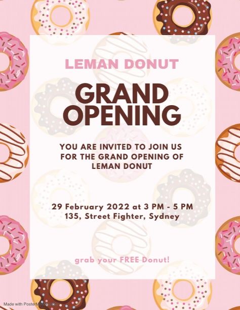 Donut Grand Opening Flyer Poster | PosterMyWall Bakery Grand Opening Ideas, Soft Opening Poster Design, Opening Soon Poster Restaurant, Cake Shop Opening Poster, Donut Sale Poster, Bakery Ads, We Are Open Now Restaurant Poster, Grand Opening Poster Design Ideas, Grand Opening Restaurant Poster