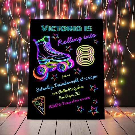 Rolling Neon Roller Skating Birthday Party Invitation Glow Skate Party Ideas, Skating Rink Birthday Party Ideas, Glow In The Dark Roller Skate Party, Skate Party Ideas, 80s Skate Party, Skate Party Decorations, Roller Skating Birthday Party Invitations, Roller Skating Party Invitations, Roller Skating Birthday Party