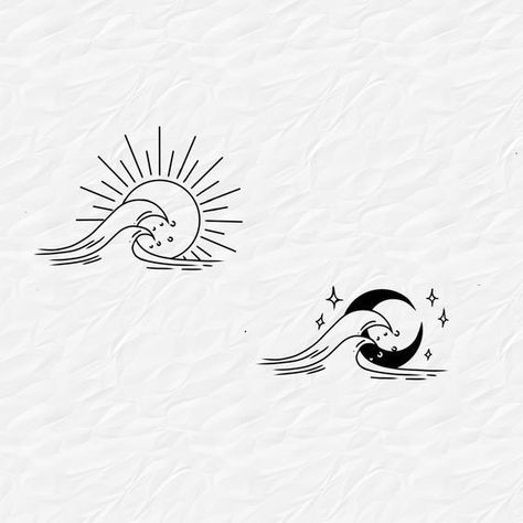 Double Trouble Tattoo Ideas, Sun Moon Beach Tattoo, Couple Flash Tattoo, Sun And Moon Flash Tattoo, Moon And Beach Tattoo, Moon And Sun Tattoo Ideas, Ocean Simple Tattoo, Sun Moon Ocean Tattoo, Beach Flash Tattoo