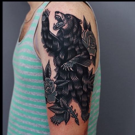 Bear tattoo American Traditional Bear Tattoo, American Traditional Bear, Traditional Bear Tattoo, Bear Tattoo Meaning, Black Bear Tattoo, Grizzly Bear Tattoos, Americana Tattoo, Realistisches Tattoo, Bear Tattoo Designs