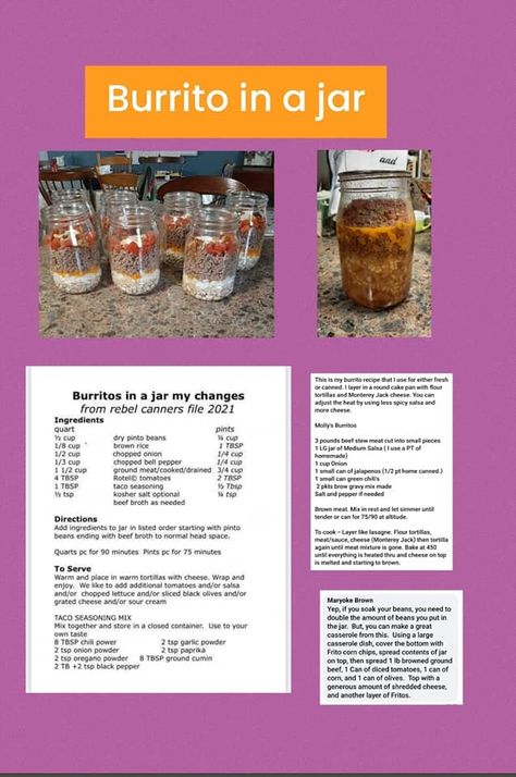 Burrito In A Jar, Canning Meals, Jar Meals, Fall Veggies, Home Canning Recipes, Canning Food Preservation, Burritos Recipe, Spicy Salsa, Home Canning