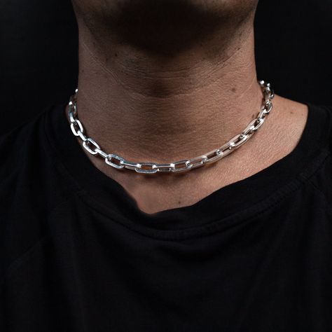 This small rectangular chain link necklace is s stunning statement piece for both women and men, This gothic, punk-rock style necklace can be worn casual or dressy. Choose a choker style length or adorn as a layering piece. Available only in 925 Sterling Silver. 100% Handmade in Bali, Indonesia 100% Original Design Free Re-sizing & Exchanges Free Shipping to the USA from Bali (all other countries are calculated at checkout) Solid Gold Options Available (custom quote) Chain Length 16 inches / Silver Necklace For Men, Chain Silver Necklace, Men Choker, Sterling Silver Skull Rings, Chain Link Necklace Silver, Chunky Choker, Sterling Silver Choker, Choker Chain, Mens Silver Necklace