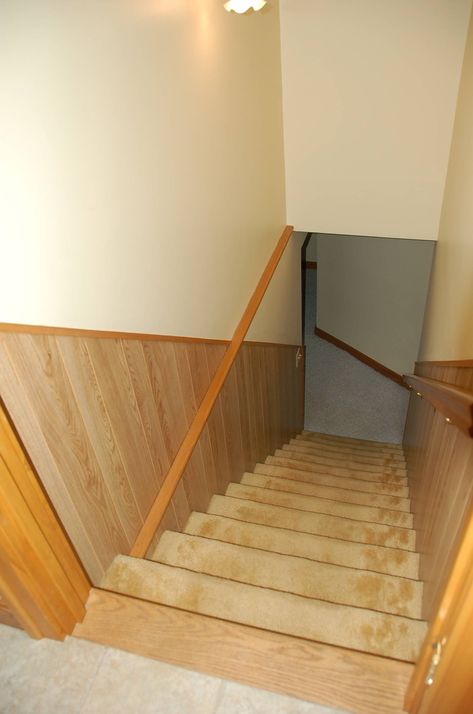 stairs to lower level - remove fake wood panelling and install tongue and groove. remove carpet - replace with?? Tongue And Groove Stairs, Hallway Panelling Tongue And Groove, Wooden Panelling Staircase, Tongue And Groove Stair Panelling, Shaker Stair Panelling, Wood Floor Stairs, Wooden Staircase Design, Faux Brick Wall Panels, Stair Paneling