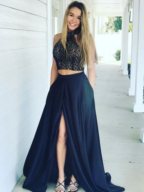 Blue Satin Prom Dress, Two Piece Prom Dress, Top Prom Dresses, High Neck Prom Dress, Two Piece Prom, Halter Prom Dresses, Prom Dresses For Teens, Piece Prom Dress, Sweet 16 Dresses