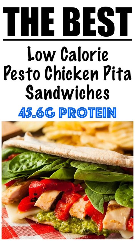 Low Calorie Pesto Chicken Pita Sandwich Recipe Low Calorie Pesto, Low Calorie Sandwich, Chicken Pita Sandwich, Chicken Pita Recipes, Pita Pocket Recipes, Pita Recipe, 500 Calories Recipes, Pita Sandwich, Chicken Pesto Sandwich